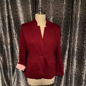 Gibsonlook: Notch Collar Women's Deep Red Blazer w/ Pink Lining